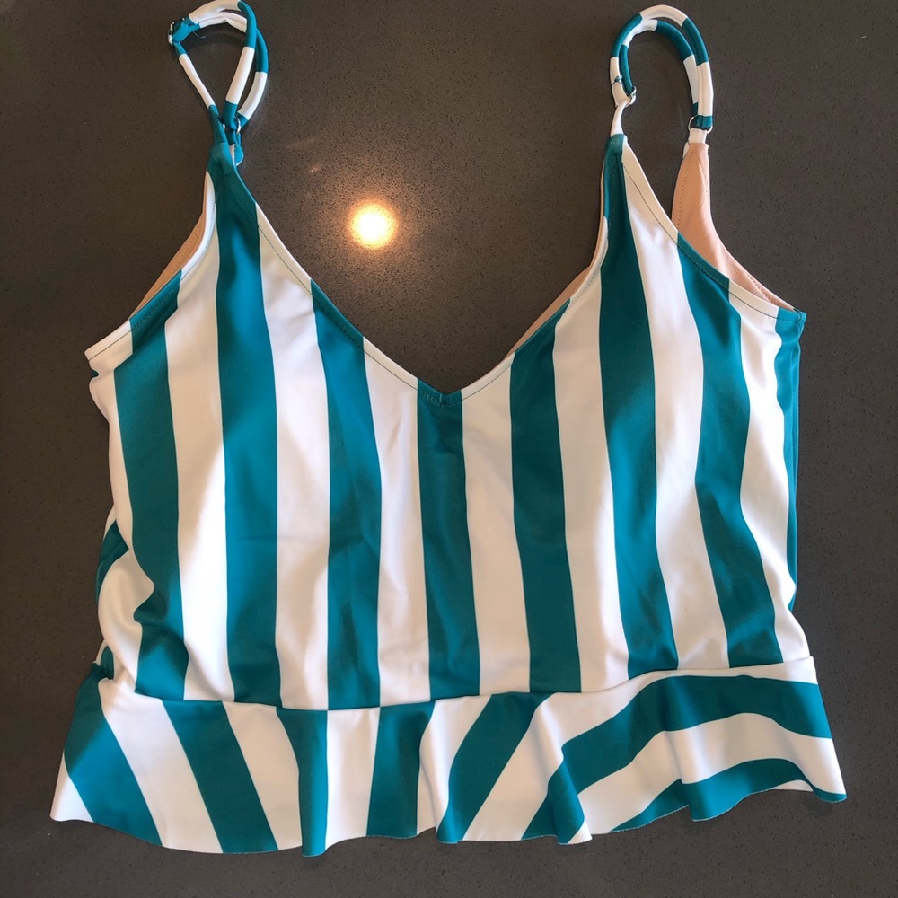 KJ teal stripes scoop back top